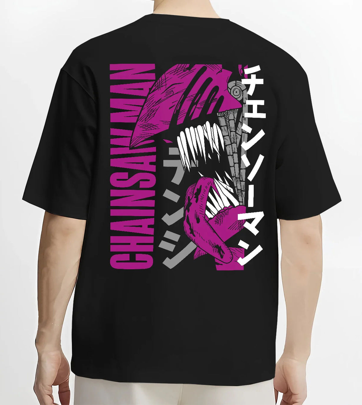 Black T-shirt model back view showing Chainsaw Devil / Denji from Chainsaw Man: purple stylised manga poster
