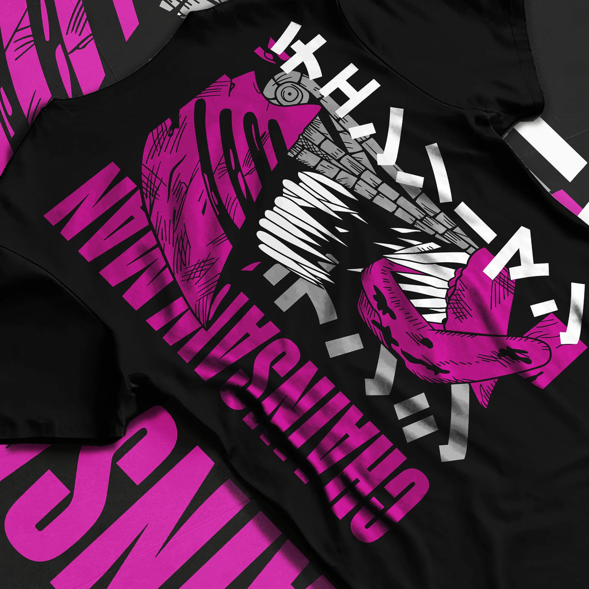 Black T-shirt flat back view showing Chainsaw Devil / Denji from Chainsaw Man: purple stylised manga poster