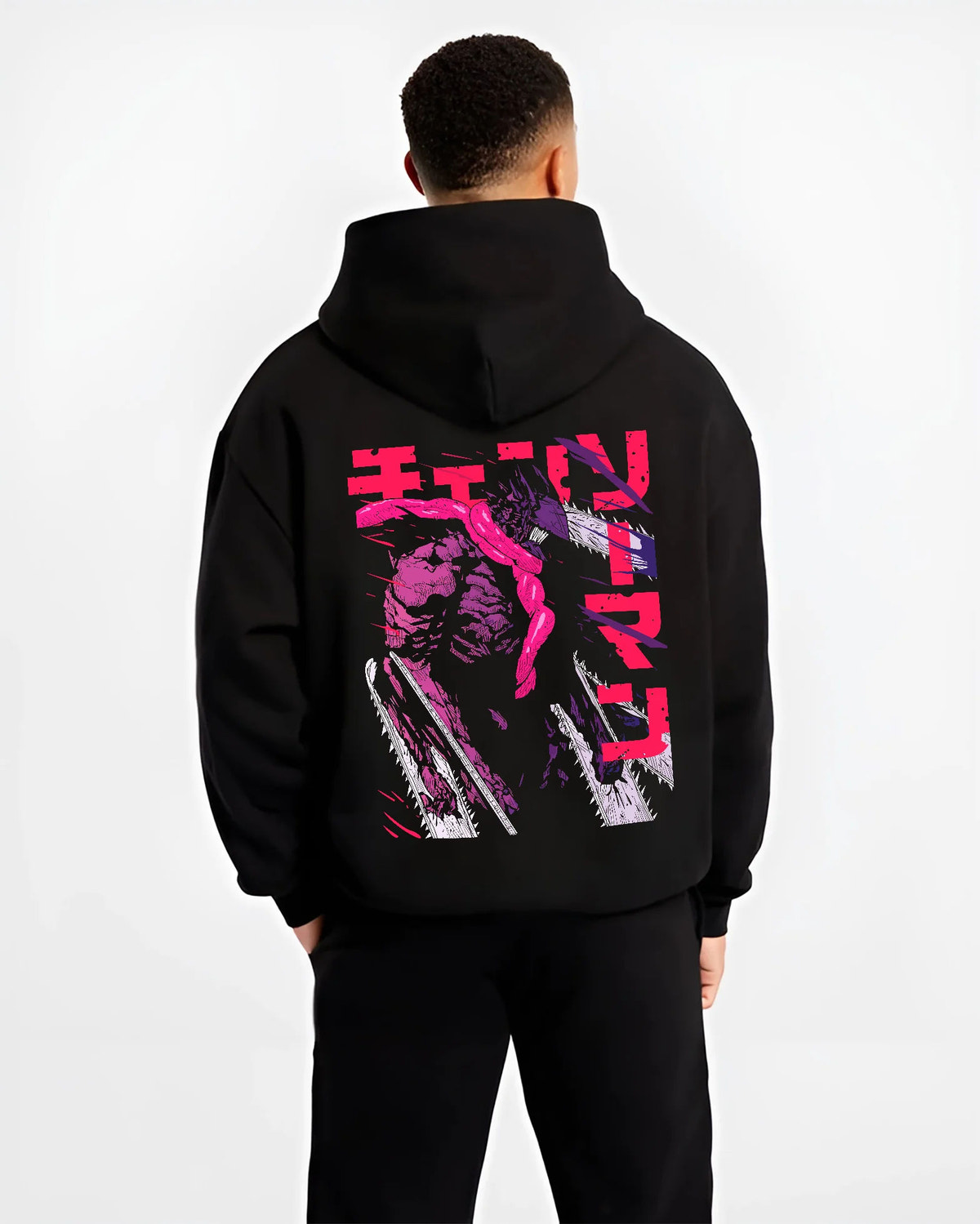 Black hoodie model back view showing Chainsaw Devil / Denji from Chainsaw Man: purple transformed figure