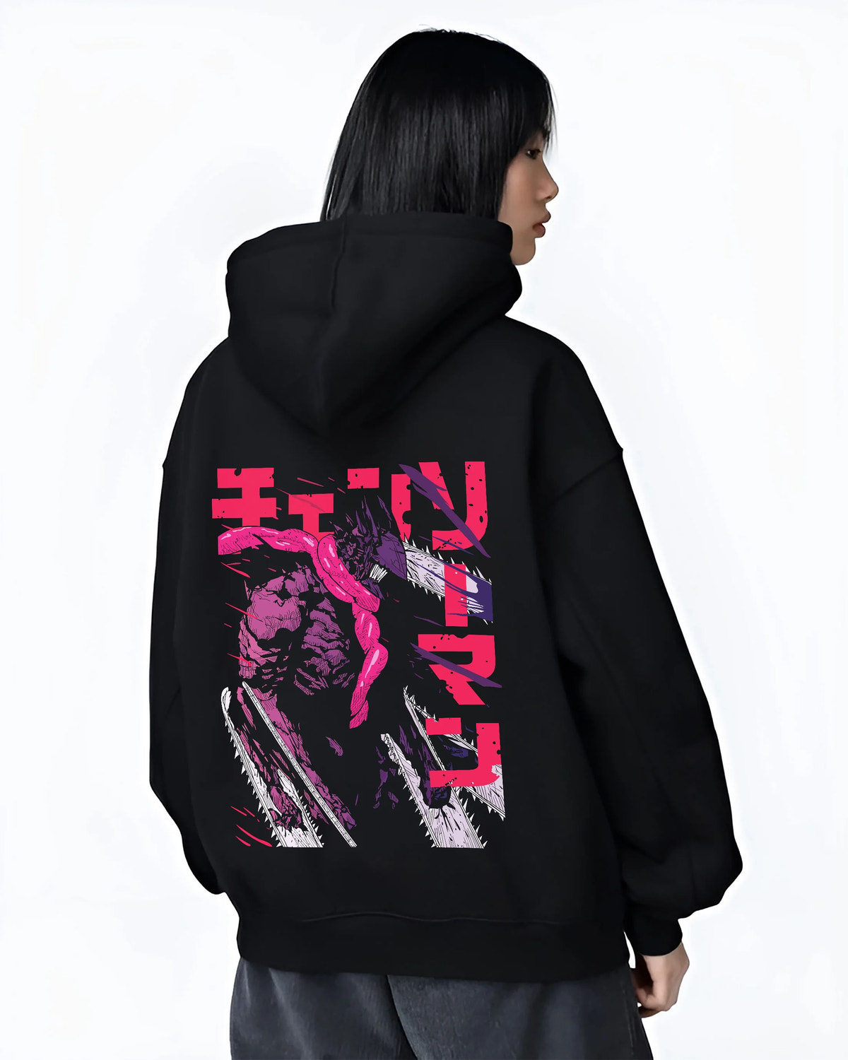 Black hoodie female model back view showing Chainsaw Devil / Denji from Chainsaw Man: purple transformed figure