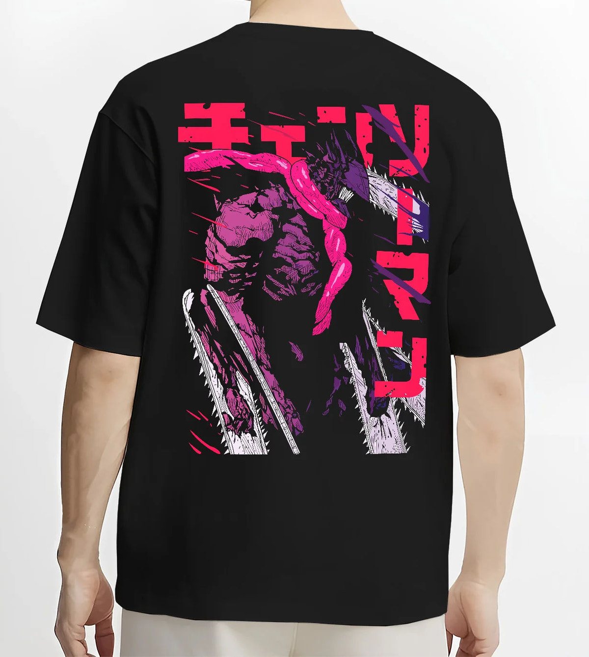 Black T-shirt model back view showing Chainsaw Devil / Denji from Chainsaw Man: purple transformed figure