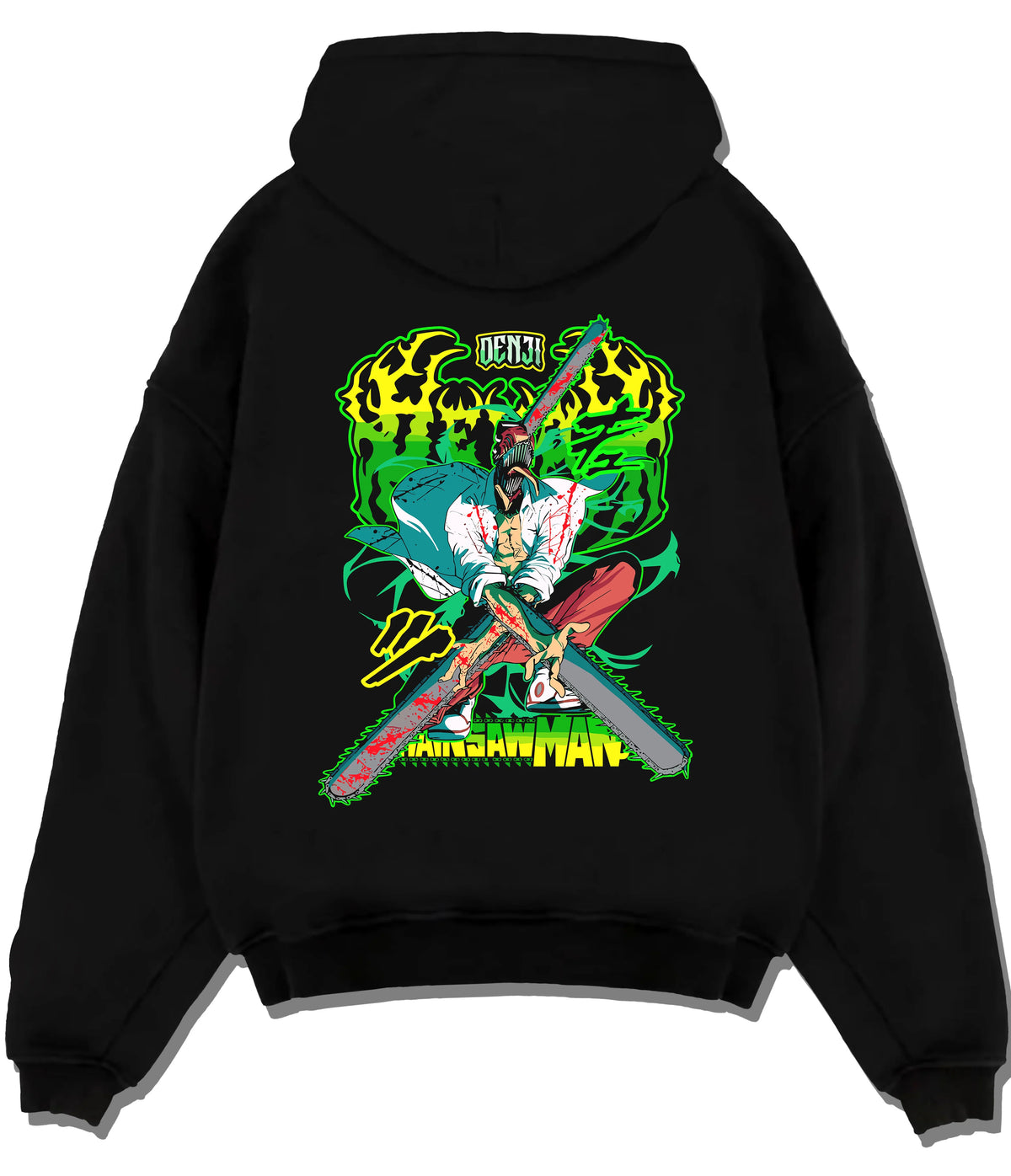 Black hoodie flat back view showing Chainsaw Devil / Denji from Chainsaw Man: neon green chainsaw sword pose
