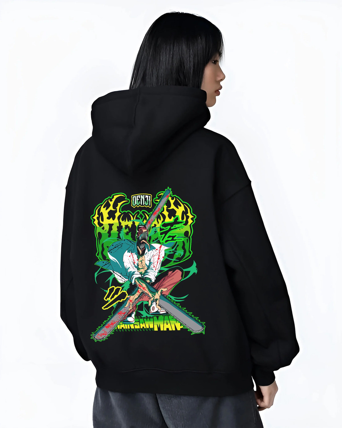 Black hoodie female model back view showing Chainsaw Devil / Denji from Chainsaw Man: neon green chainsaw sword pose