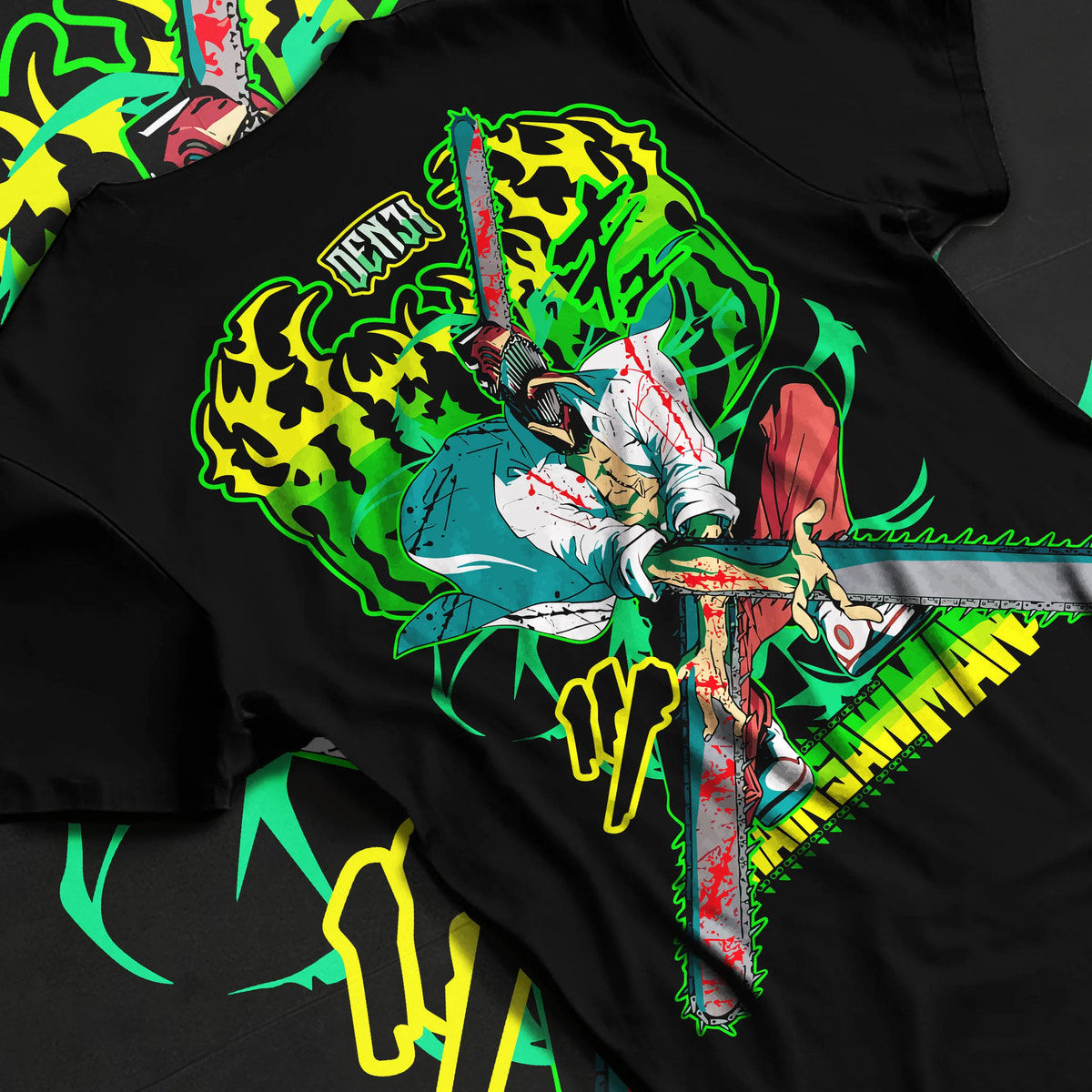 Black T-shirt flat back view showing Chainsaw Devil / Denji from Chainsaw Man: neon green chainsaw sword pose