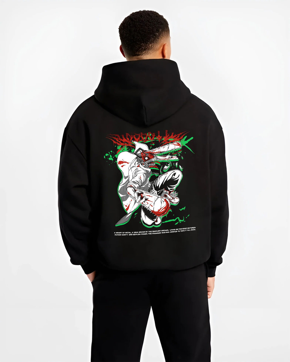 Black hoodie model back view showing Chainsaw Devil / Denji from Chainsaw Man: white, green and red chainsaw suit