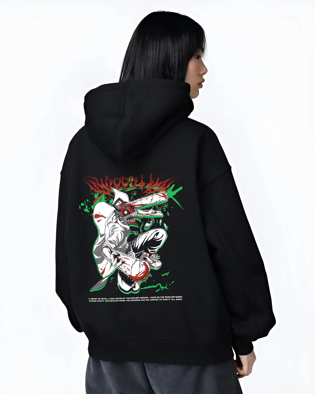 Black hoodie female model back view showing Chainsaw Devil / Denji from Chainsaw Man: white, green and red chainsaw suit