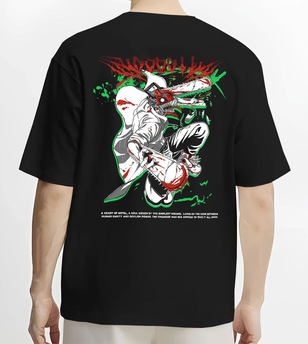 Black T-shirt model back view showing Chainsaw Devil / Denji from Chainsaw Man: white, green and red chainsaw suit