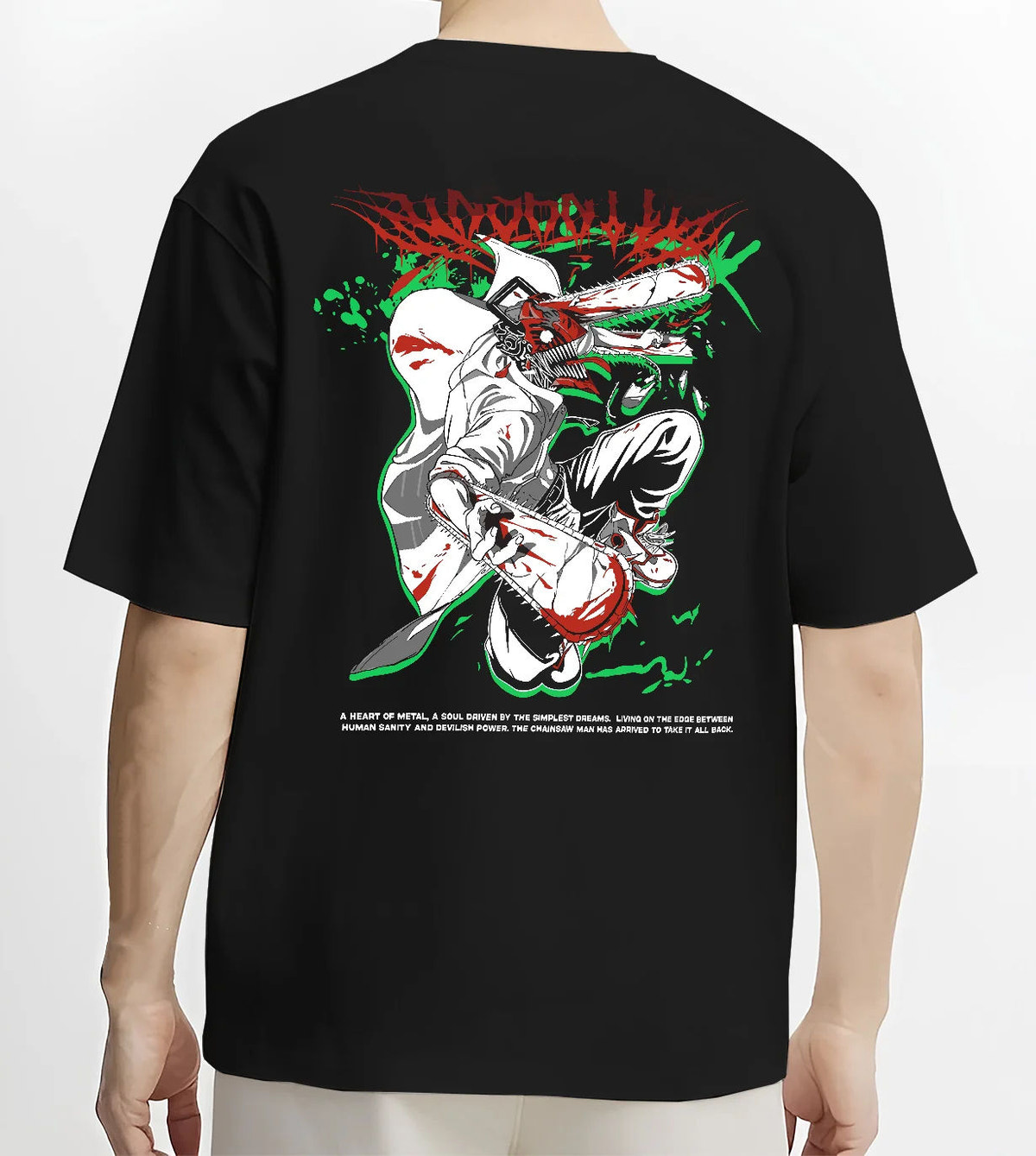 Black T-shirt model back view showing Chainsaw Devil / Denji from Chainsaw Man: white, green and red chainsaw suit