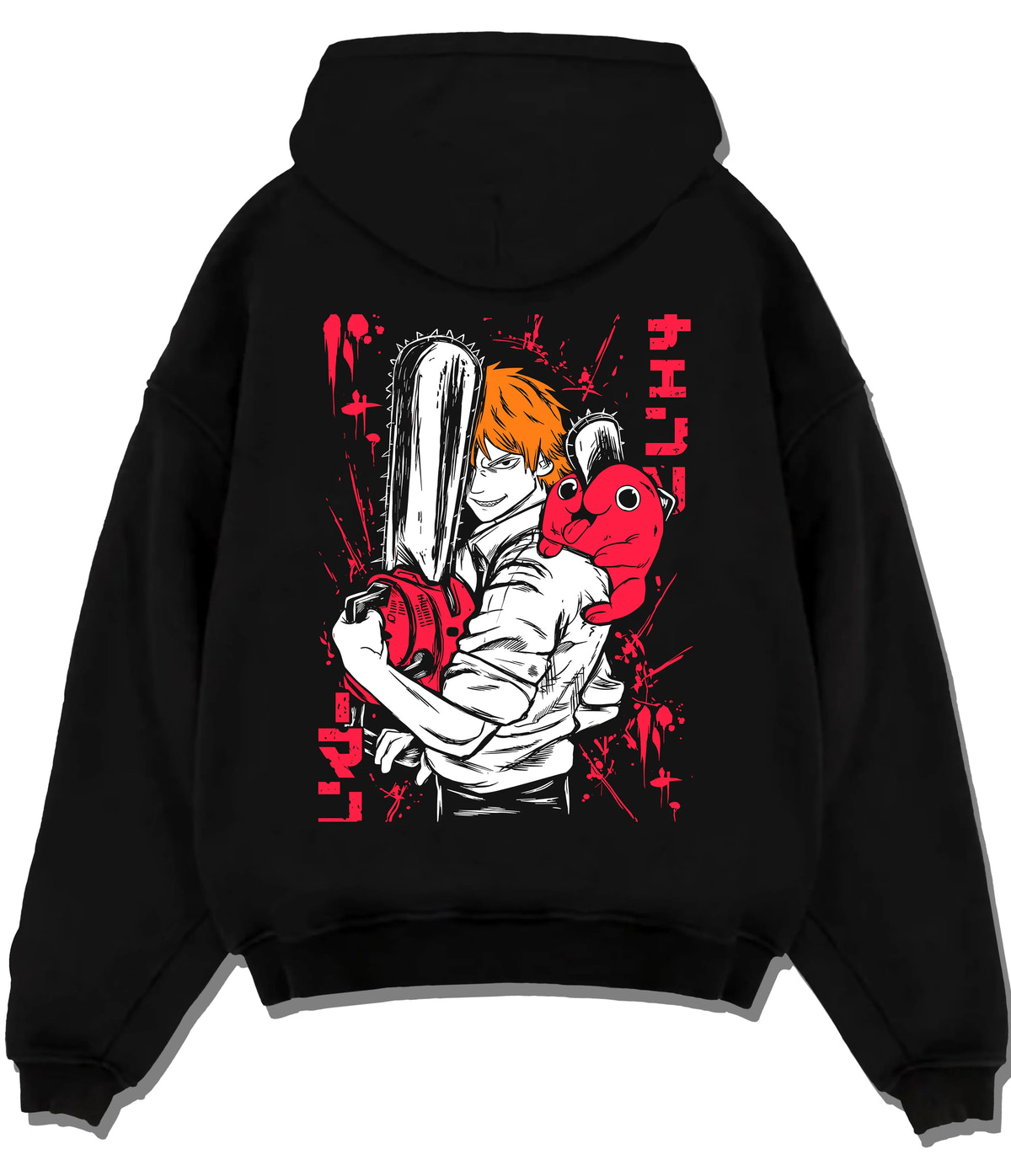 Black hoodie flat back view showing Denji transformed with Pochita from Chainsaw Man: red-and-black poster