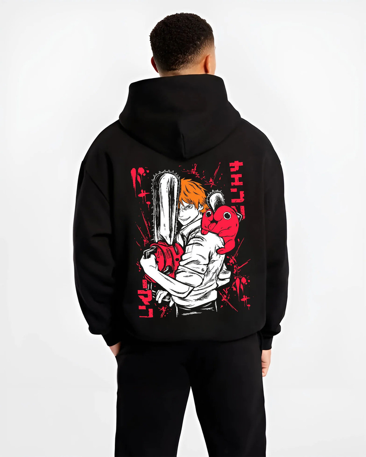 Black hoodie model back view showing Denji transformed with Pochita from Chainsaw Man: red-and-black poster