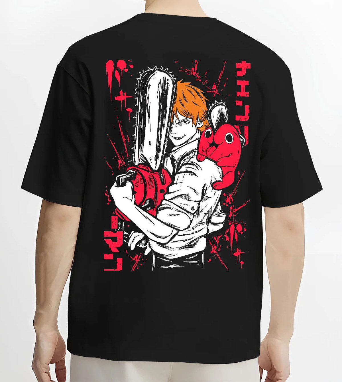 Black T-shirt model back view showing Denji transformed with Pochita from Chainsaw Man: red-and-black poster