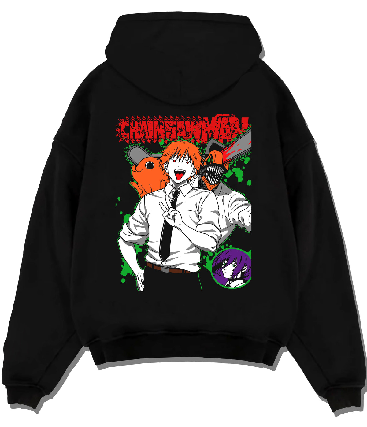 Black hoodie flat back view showing Denji (human form) and Pochita from Chainsaw Man: orange-green illustration