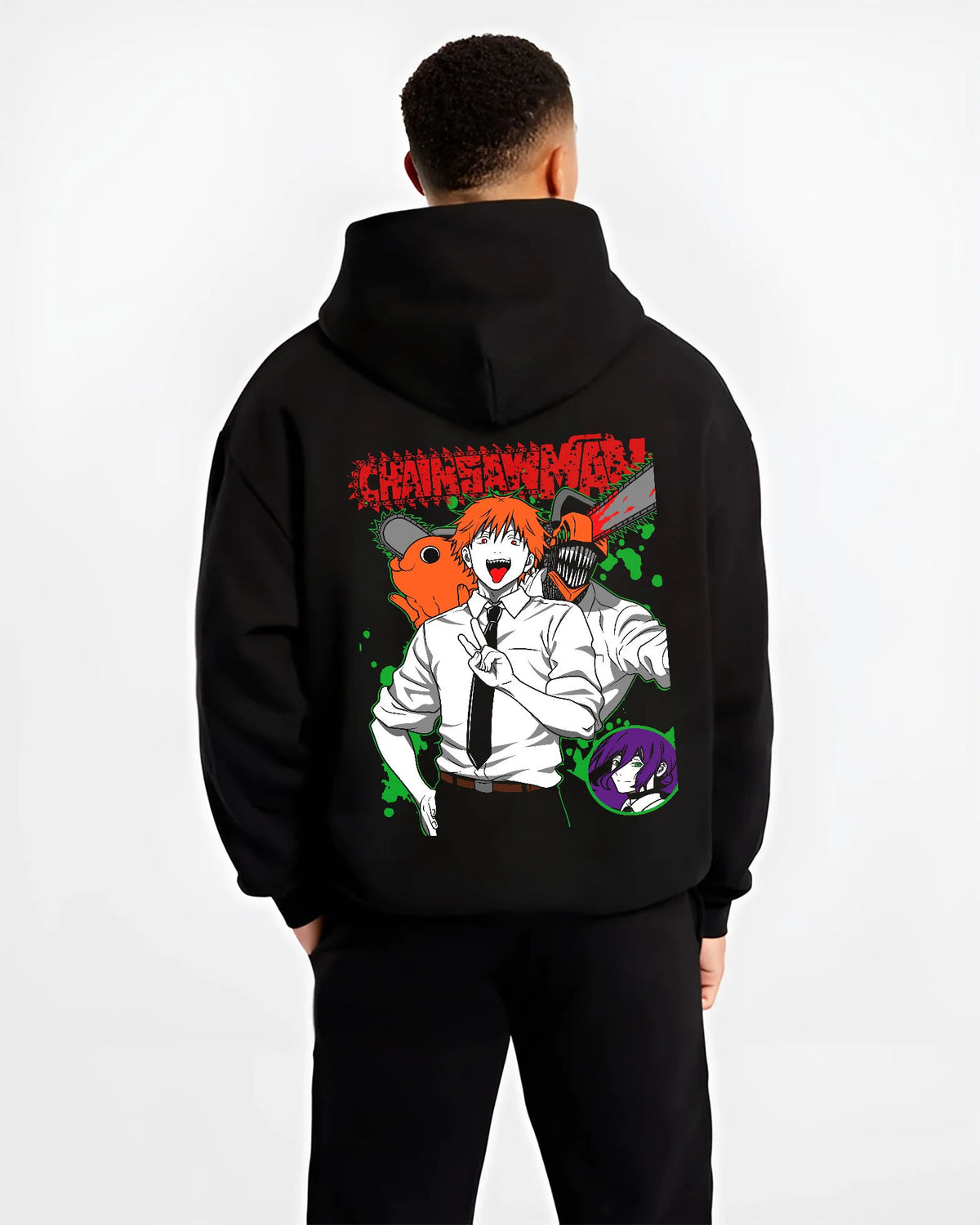 Black hoodie model back view showing Denji (human form) and Pochita from Chainsaw Man: orange-green illustration