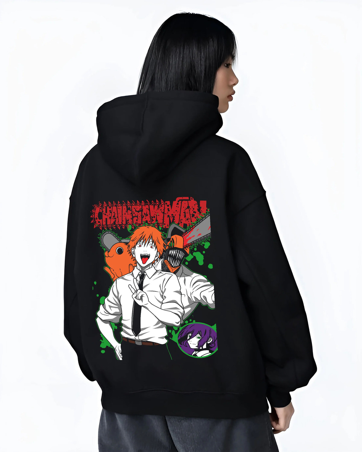 Black hoodie female model back view showing Denji (human form) and Pochita from Chainsaw Man: orange-green illustration
