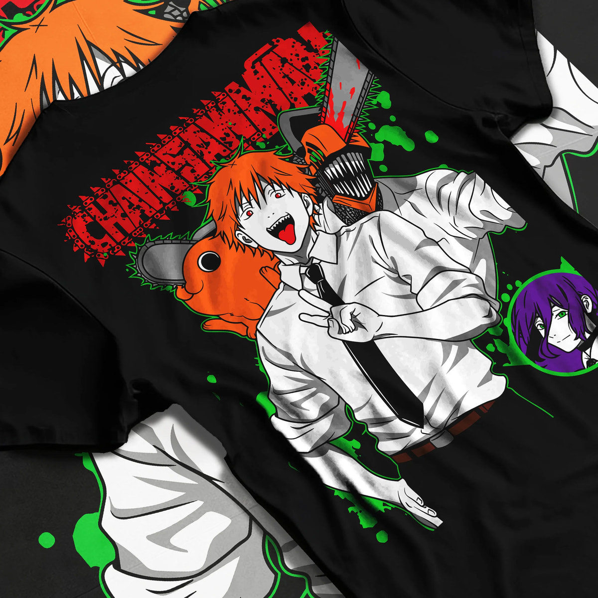 Black T-shirt flat back view showing Denji (human form) and Pochita from Chainsaw Man: orange-green illustration
