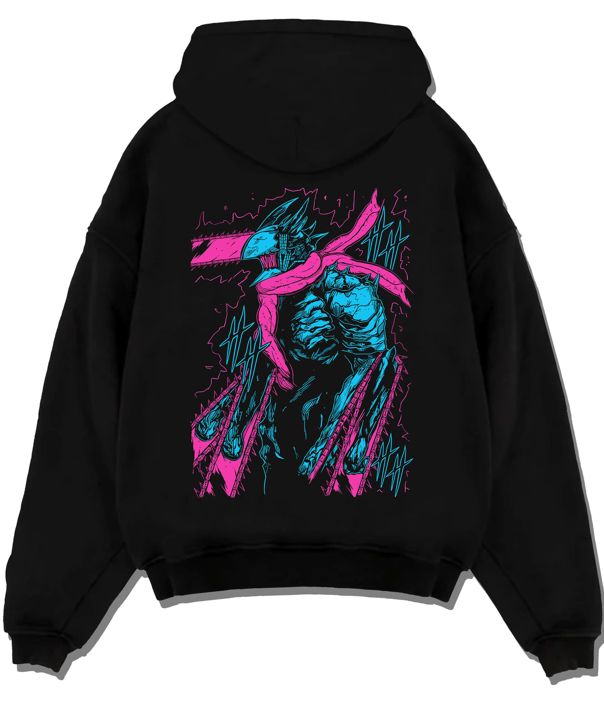 Black hoodie flat back view showing Chainsaw Devil / Denji from Chainsaw Man: turquoise and purple standing portrait
