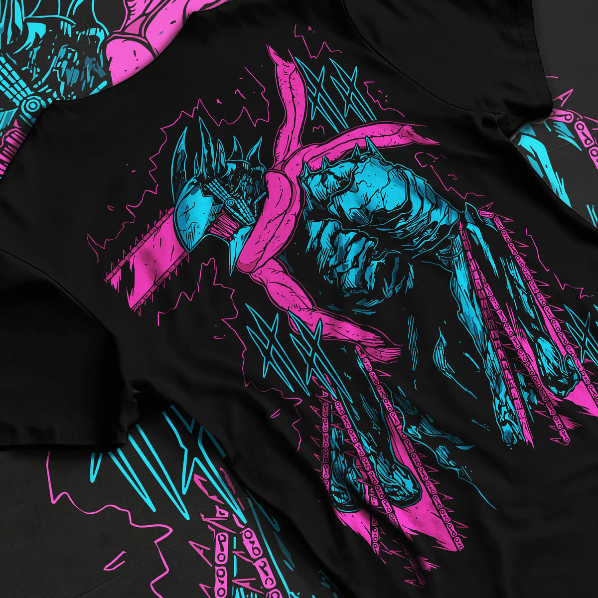 Black T-shirt flat back view showing Chainsaw Devil / Denji from Chainsaw Man: turquoise and purple standing portrait