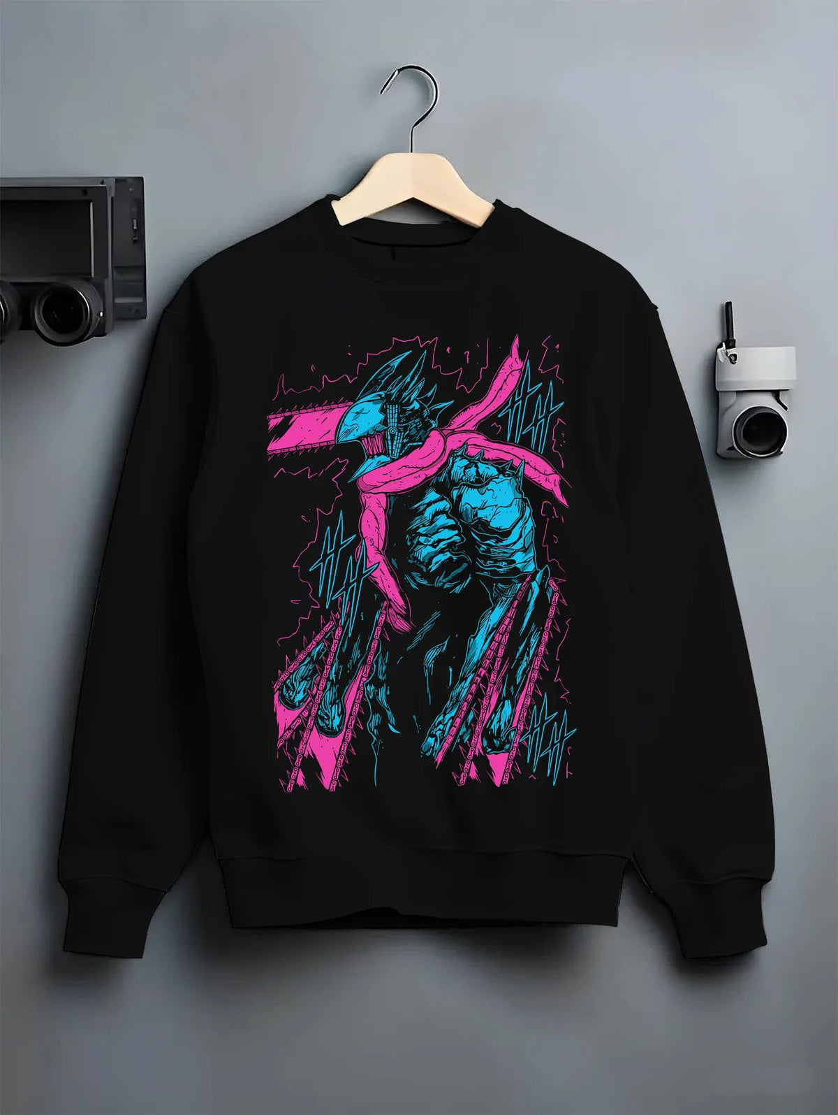 Black crewneck sweatshirt on hanger showing Chainsaw Devil / Denji from Chainsaw Man: turquoise and purple standing portrait