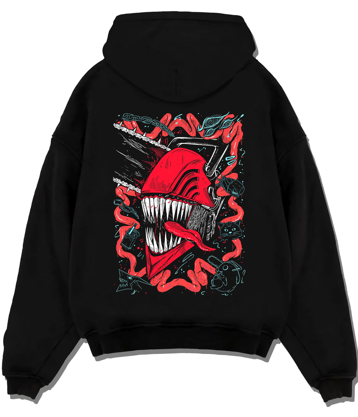 Black hoodie flat back view showing Chainsaw Devil / Denji from Chainsaw Man: pink-red toothed chainsaw head