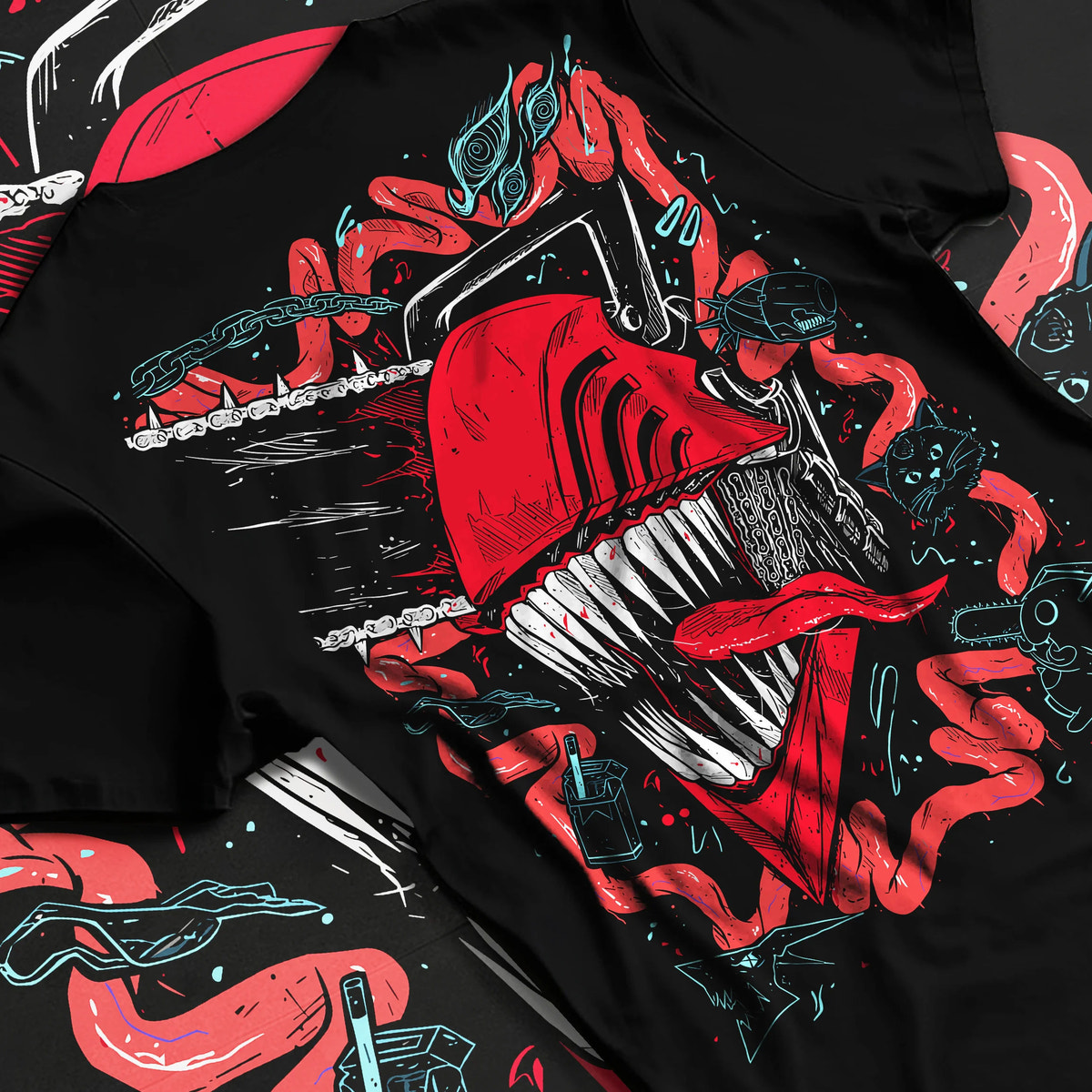 Black T-shirt flat back view showing Chainsaw Devil / Denji from Chainsaw Man: pink-red toothed chainsaw head