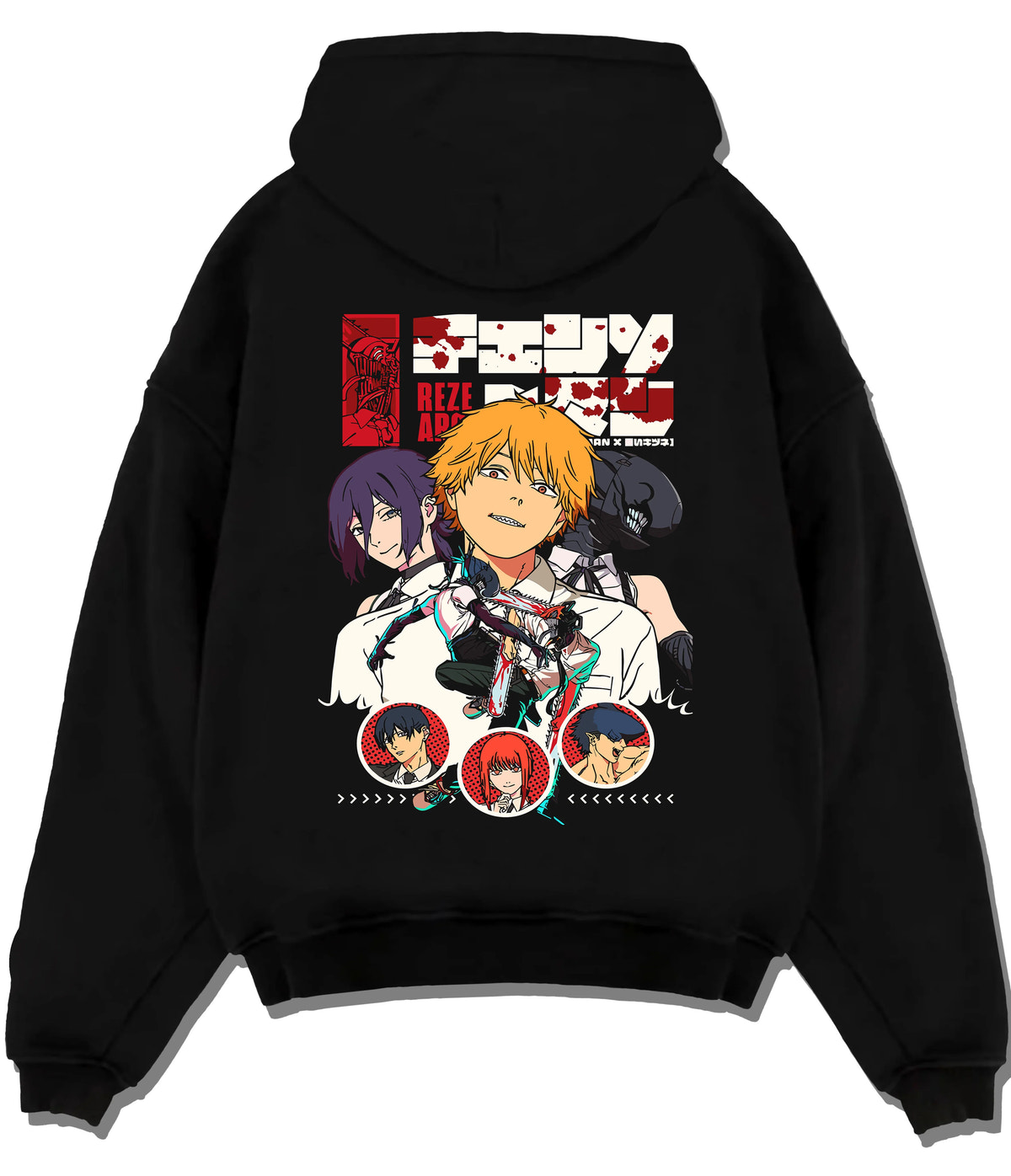 Black hoodie flat back view with Chainsaw Man ensemble including Denji, Makima and Aki illustrated back graphic