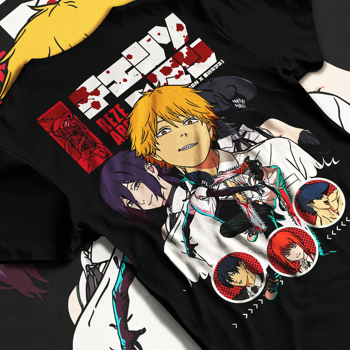 Black T-shirt flat back view with Chainsaw Man ensemble including Denji, Makima and Aki illustrated back graphic