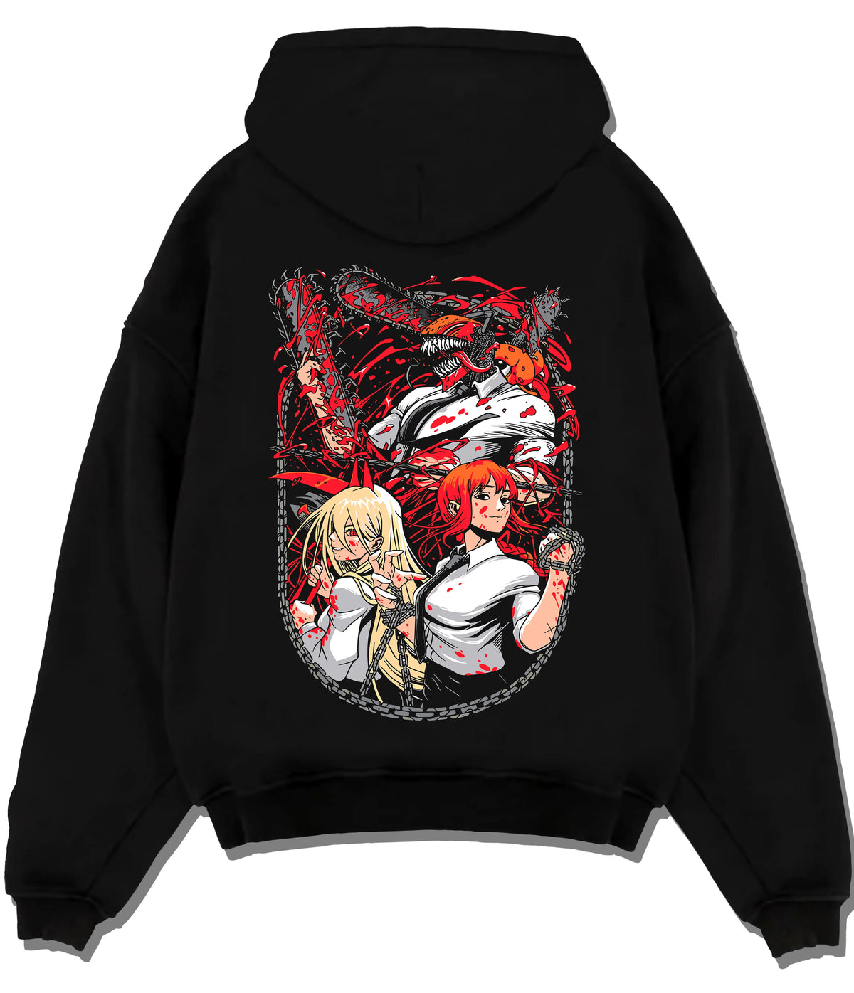 Black hoodie flat back view showing Denji and Power from Chainsaw Man: Chainsaw Devil ensemble, circular composition