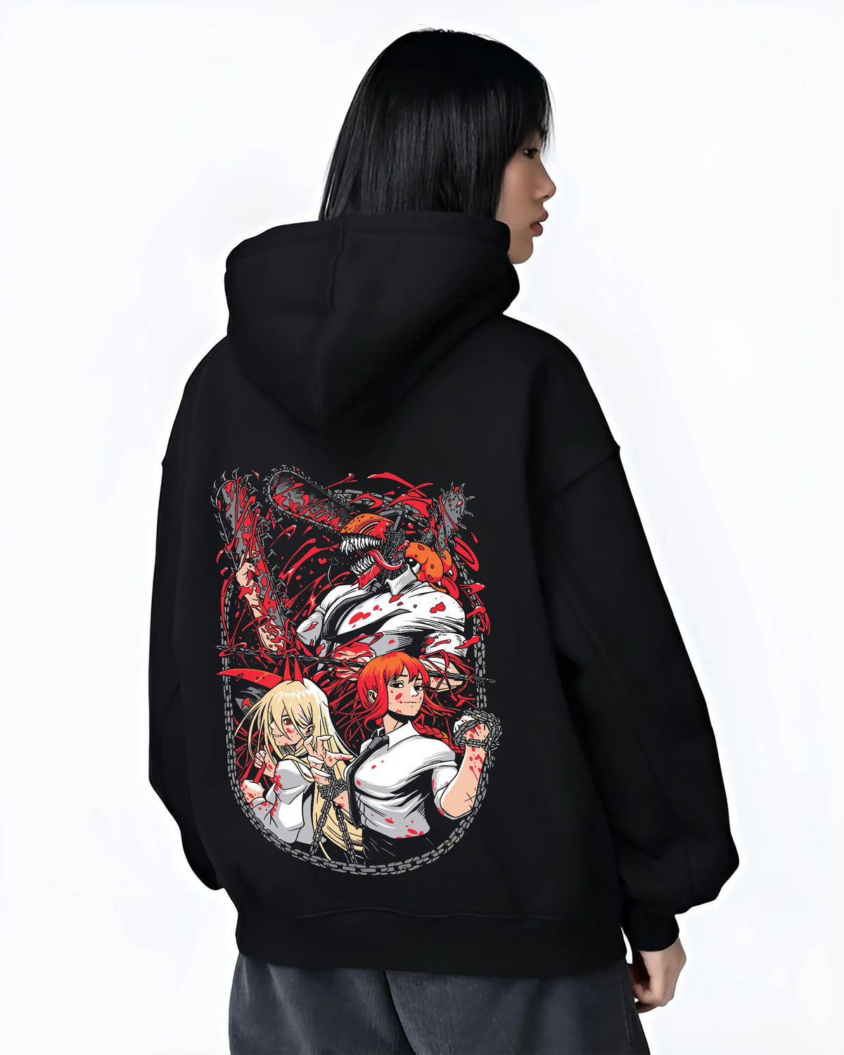 Black hoodie female model back view showing Denji and Power from Chainsaw Man: Chainsaw Devil ensemble, circular composition