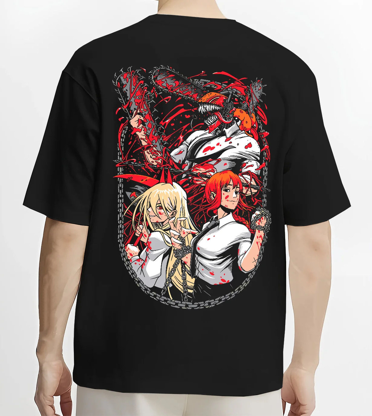 Black T-shirt model back view showing Denji and Power from Chainsaw Man: Chainsaw Devil ensemble, circular composition