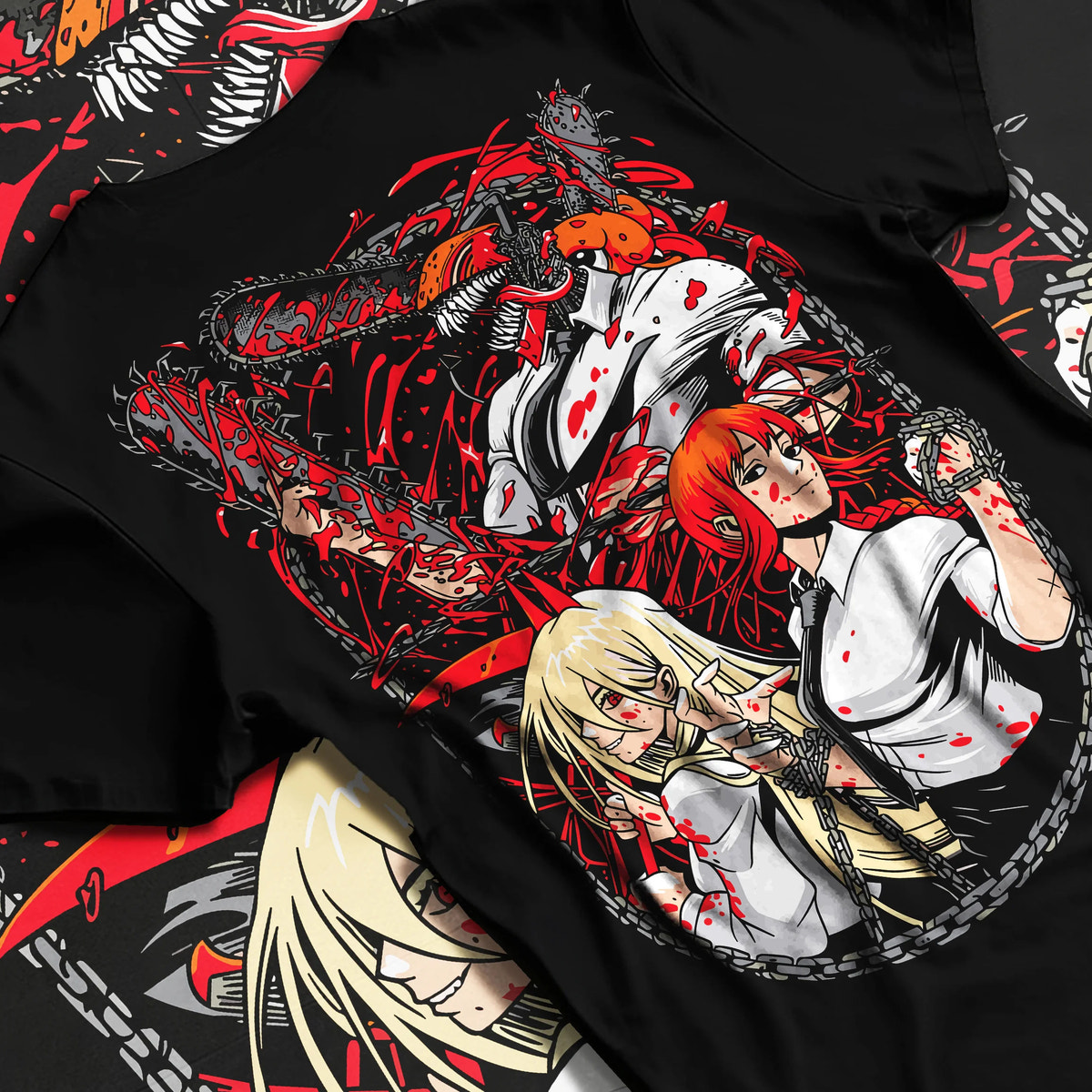 Black T-shirt flat back view showing Denji and Power from Chainsaw Man: Chainsaw Devil ensemble, circular composition