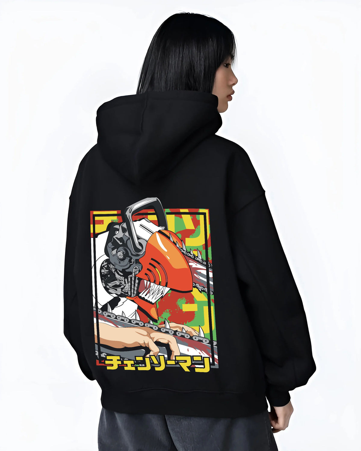 Black hoodie female model back view showing Chainsaw Devil / Denji from Chainsaw Man: orange mechanical saw-head pose