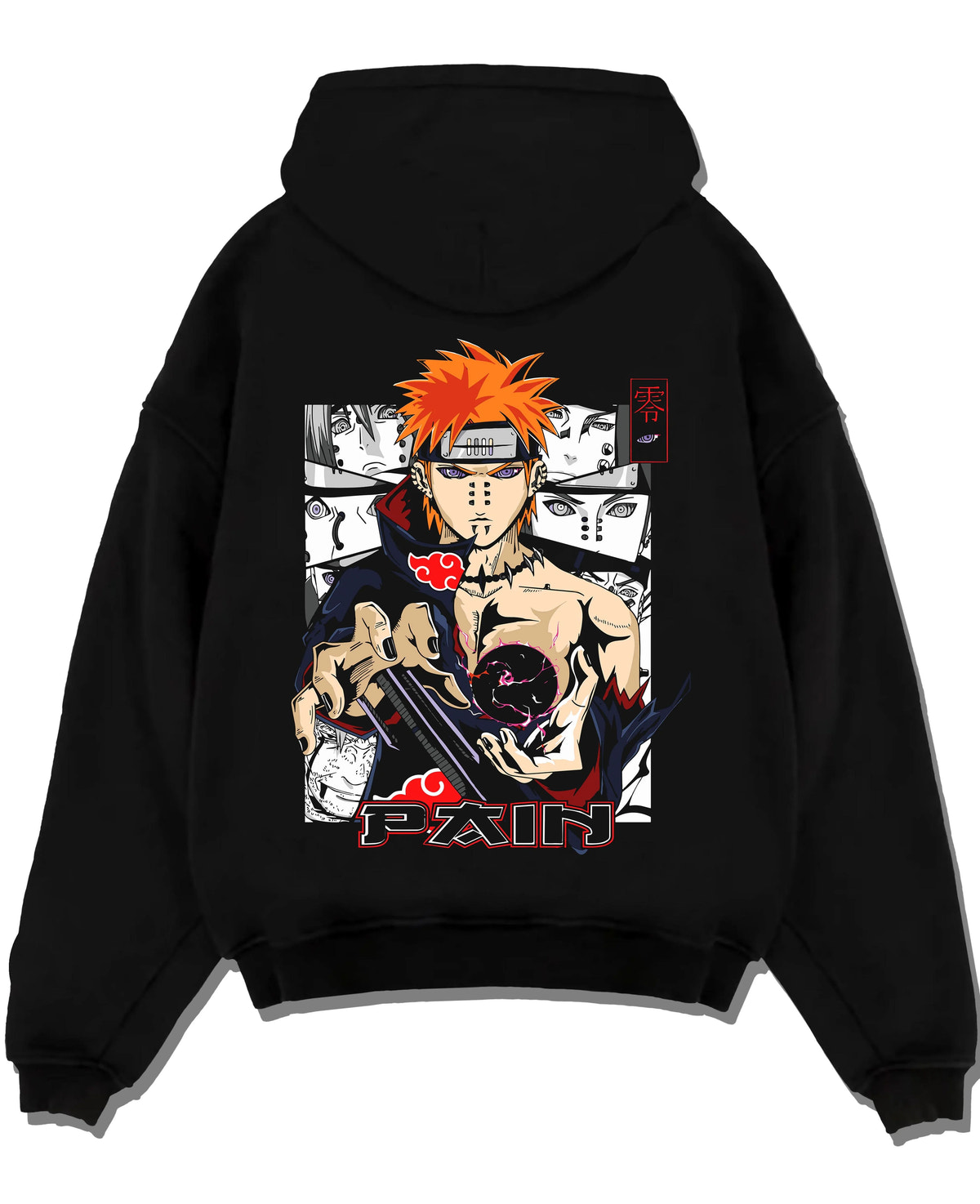 Black hoodie laid flat featuring Pain Naruto Akatsuki Rinnegan Six Paths artwork.