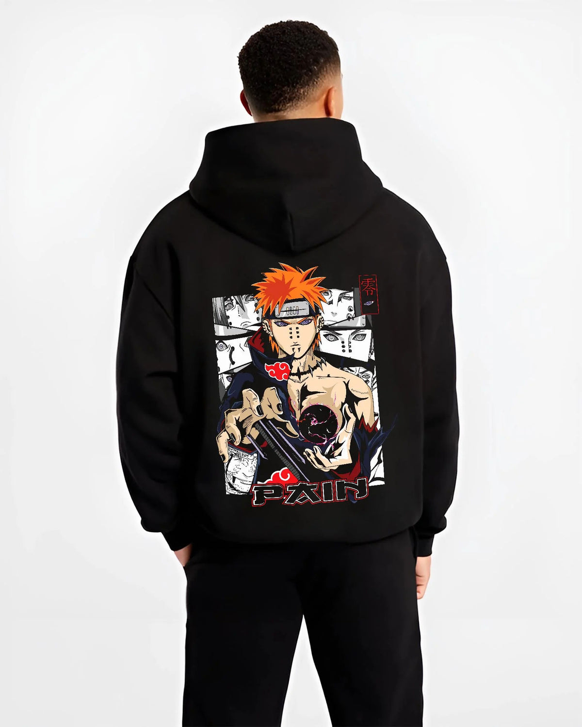 Black hoodie worn by male model from the back featuring Pain Naruto Akatsuki Rinnegan Six Paths artwork.