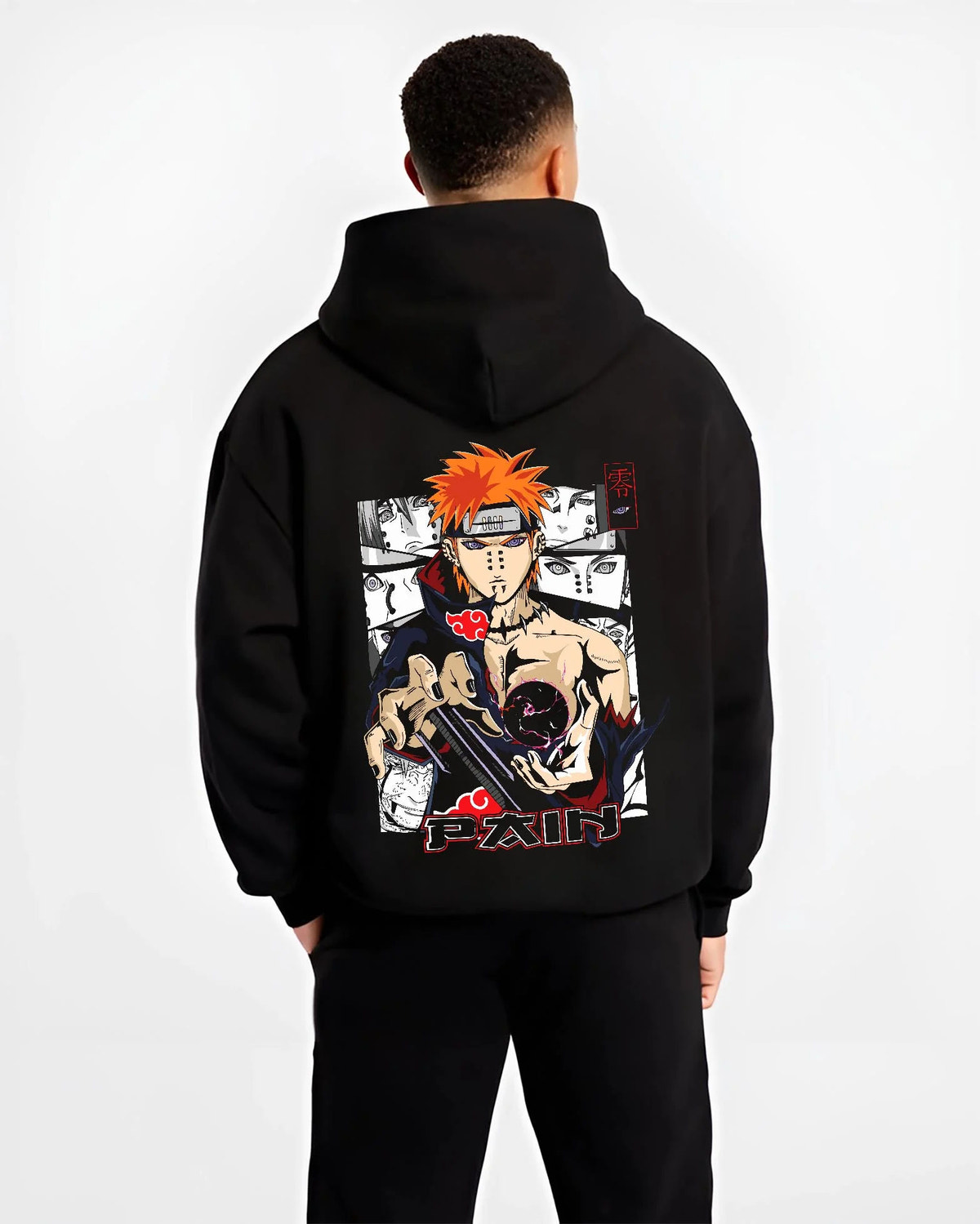 Black hoodie worn by male model from the back featuring Pain Naruto Akatsuki Rinnegan Six Paths artwork.