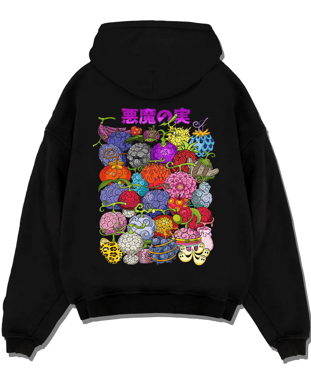 Black hoodie laid flat featuring One Piece devil fruit collage artwork.
