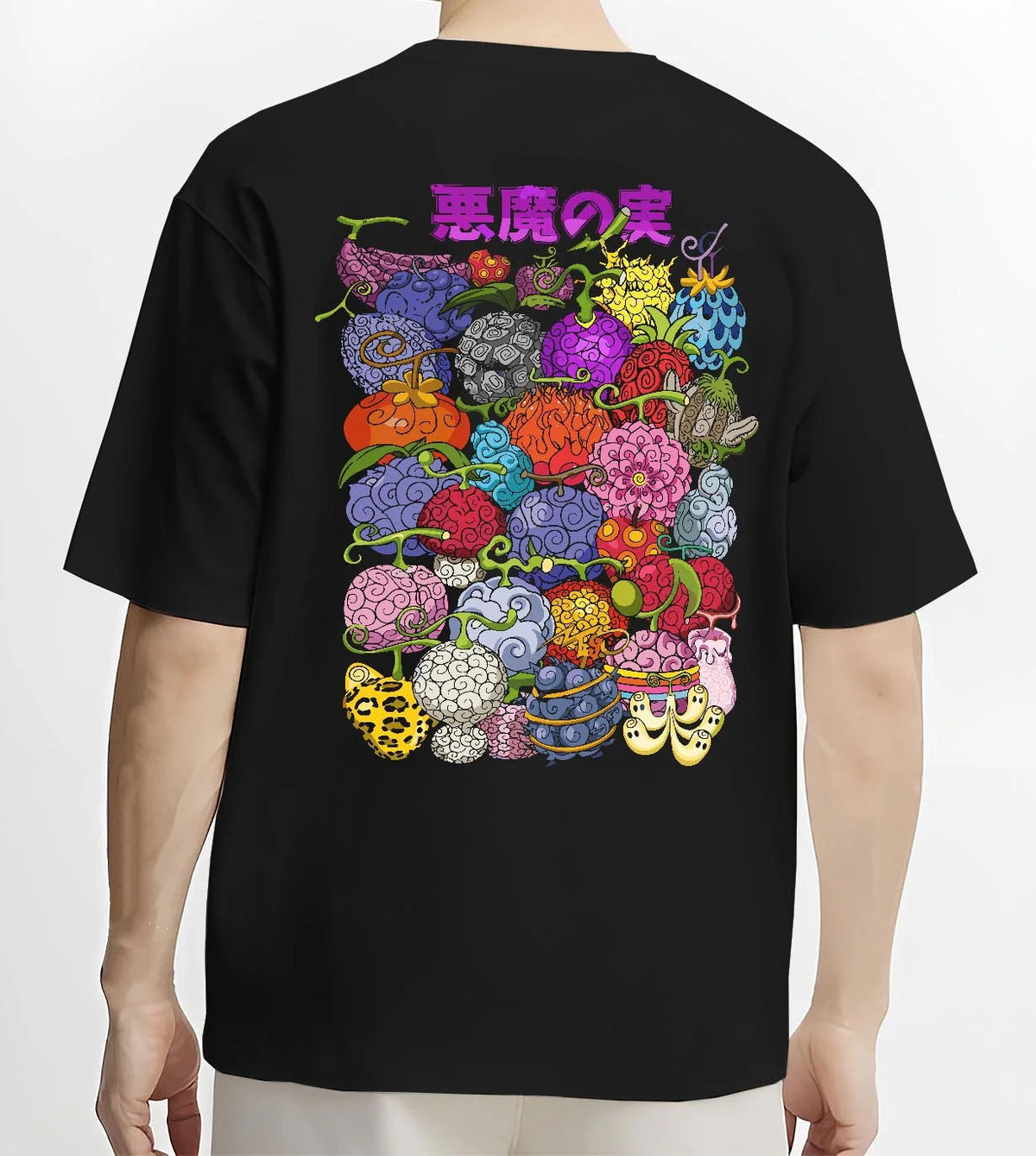 Black T-shirt worn by male model from the back featuring One Piece devil fruit collage artwork.