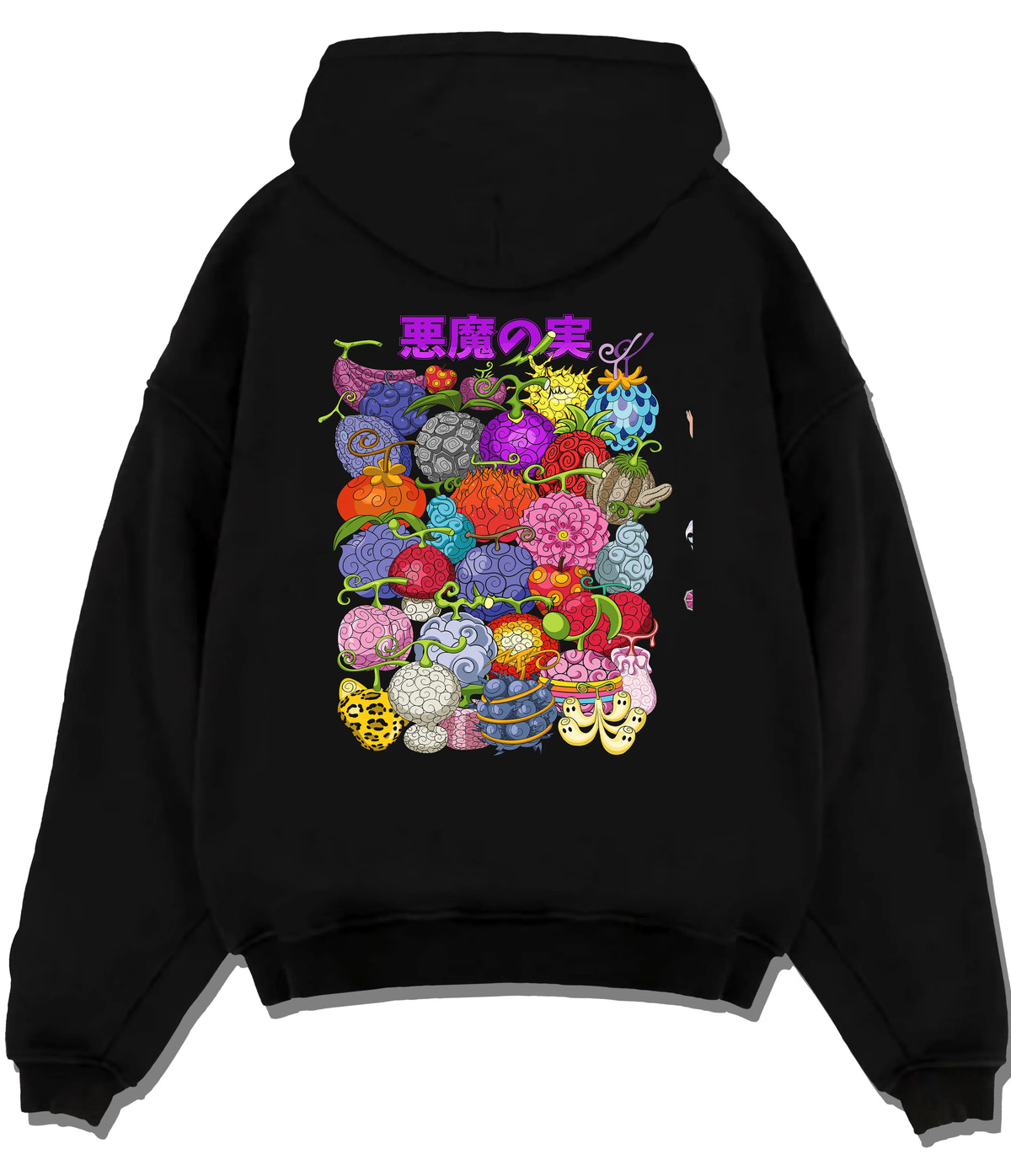 Black hoodie flat back view showing Devil Fruits from One Piece: various designs