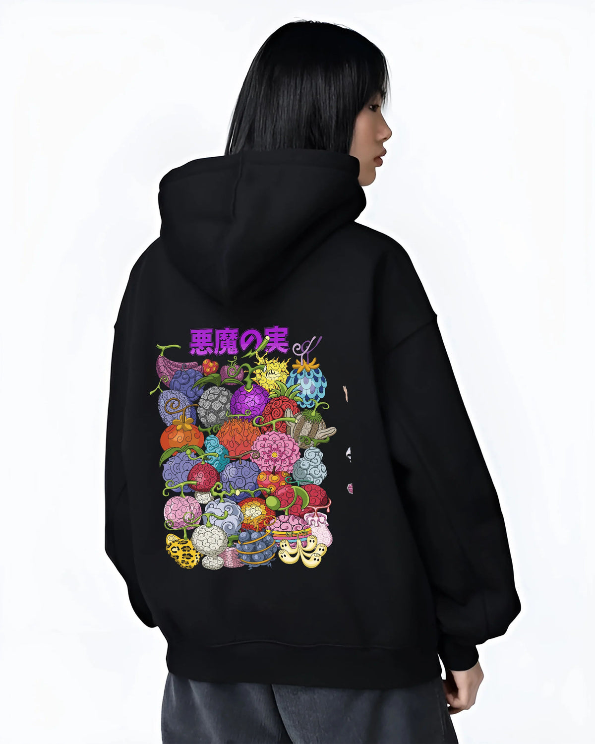 Black hoodie female model back view showing Devil Fruits from One Piece: various designs