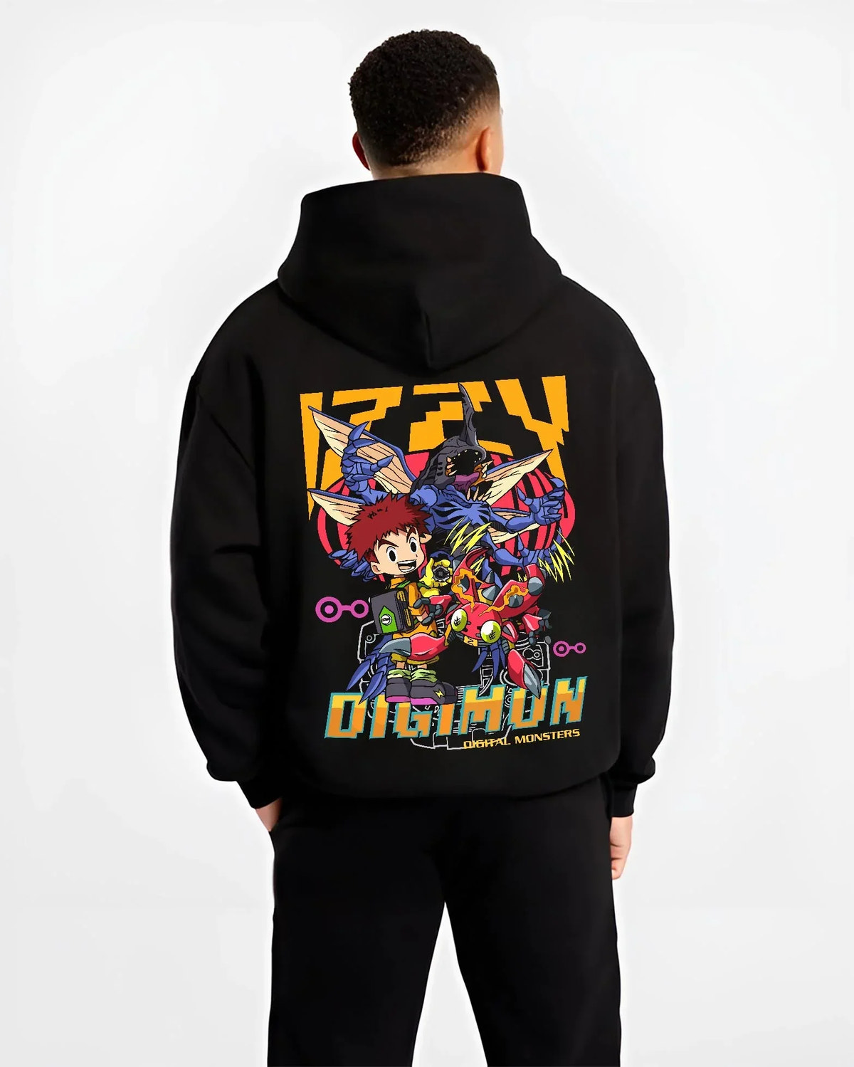 Black hoodie worn by male model, back view with Digimon Hoodie Tai and Agumon Digital Monsters Print graphic bold anime graphic.