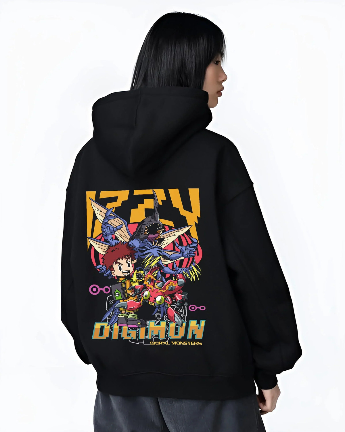 Black hoodie worn by female model, back view with Digimon Hoodie Tai and Agumon Digital Monsters Print graphic streetwear graphic.