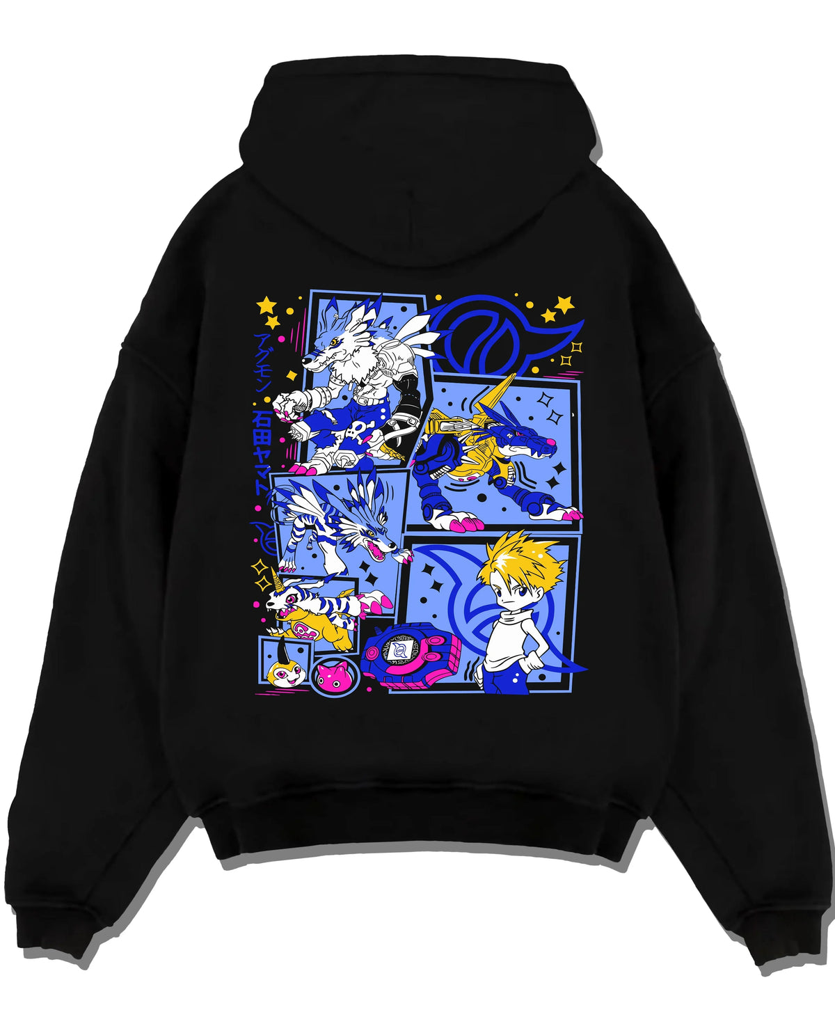 Black pullover hoodie laid flat with Digimon Hoodie Matt and Gabumon Battle Retro Poster graphic bold anime graphic.