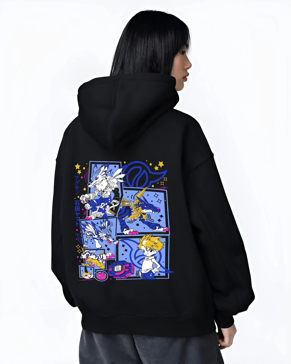 Black hoodie worn by female model, back view with Digimon Hoodie Matt and Gabumon Battle Retro Poster graphic premium wear.