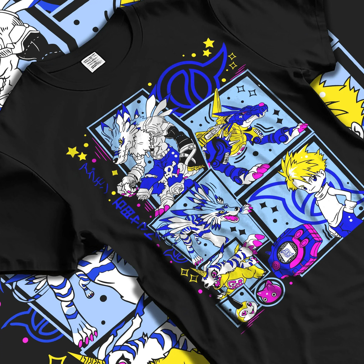 Black T-shirt laid flat with natural folds with Digimon Hoodie Matt and Gabumon Battle Retro Poster graphic premium wear.