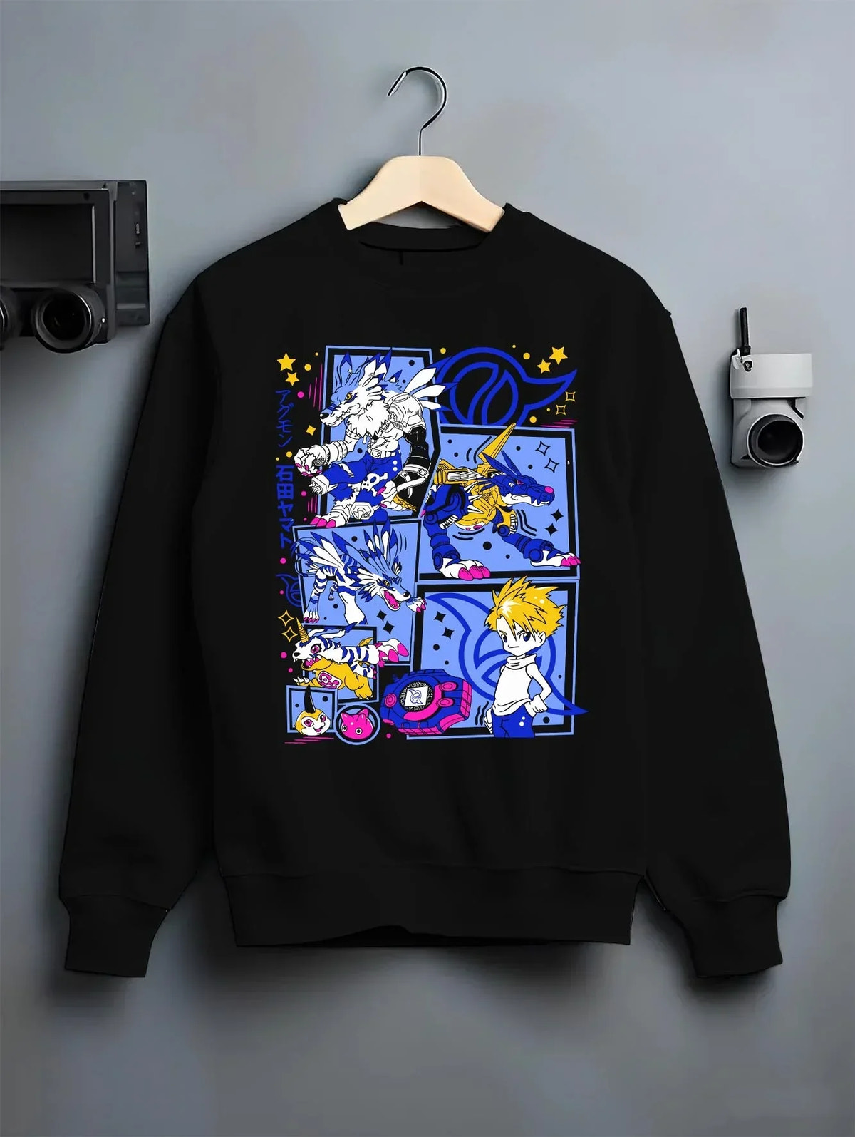 Black crewneck sweatshirt on hanger with Digimon Hoodie Matt and Gabumon Battle Retro Poster graphic premium wear.