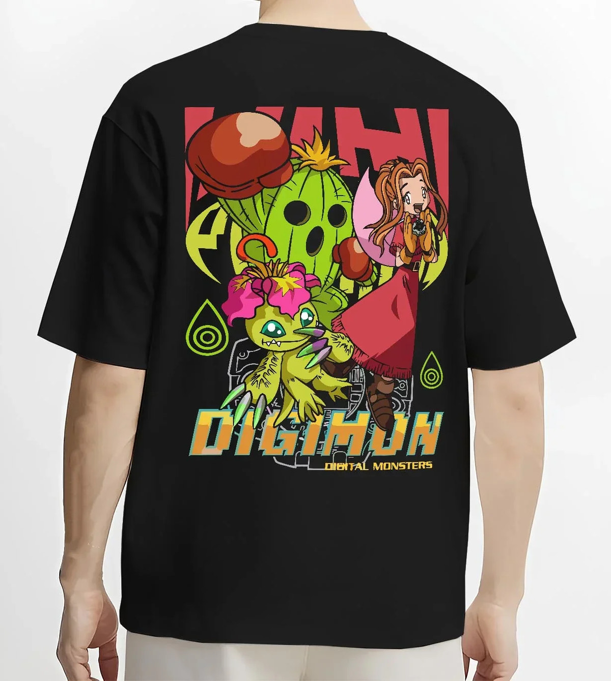 Black T-shirt worn by male model, back view with Digimon Hoodie Mimi with Palmon Retro Partner Print graphic streetwear graphic.