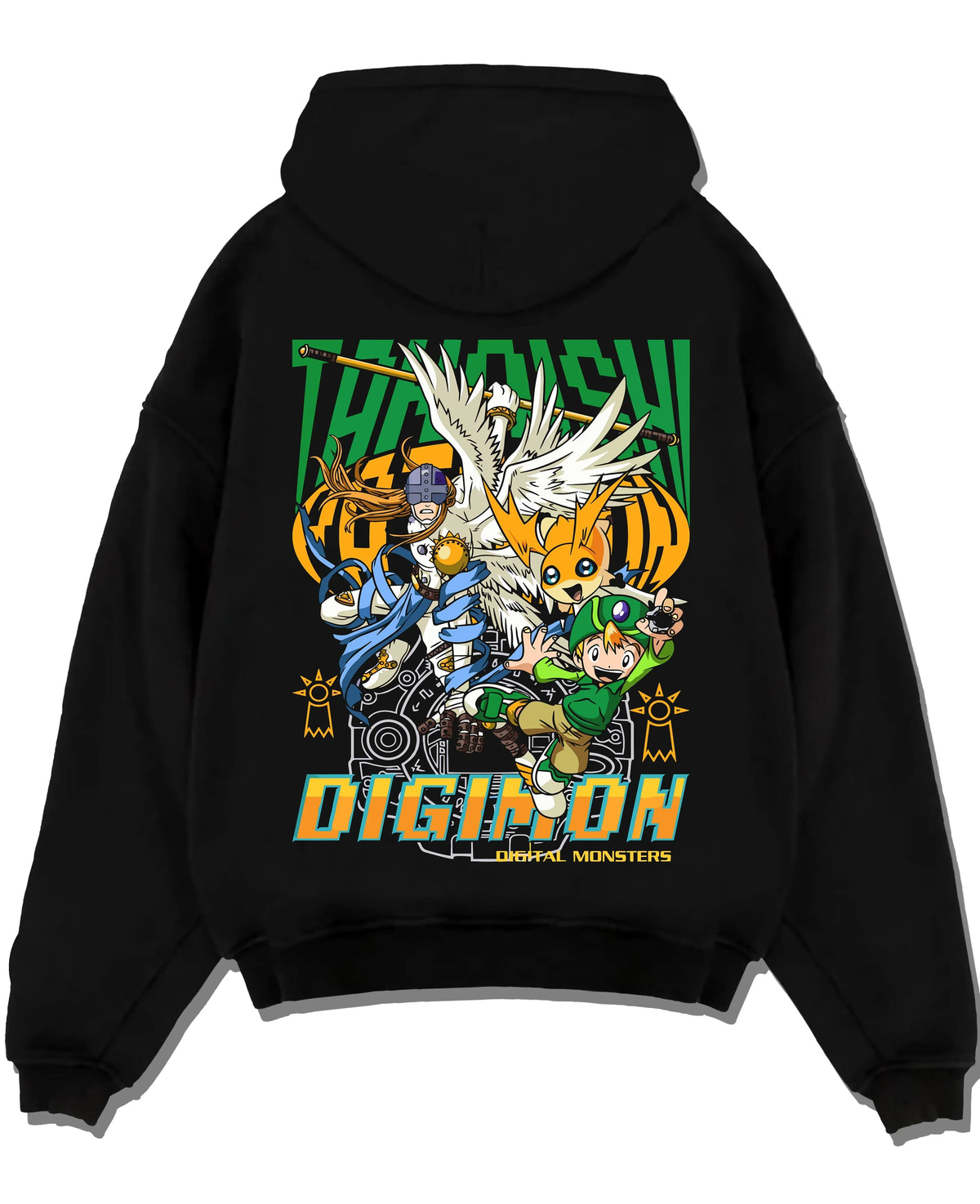 Black pullover hoodie laid flat with Digimon Hoodie Patamon Evolution Retro Anime Poster graphic premium wear.