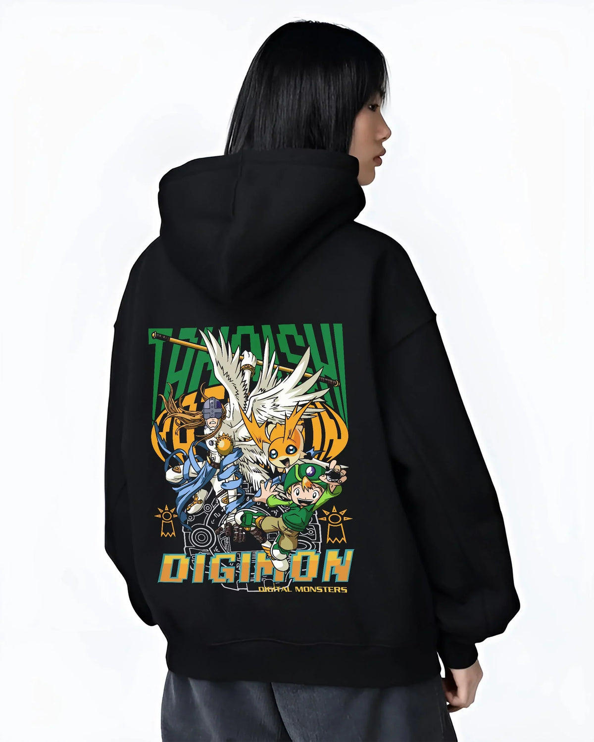 Black hoodie worn by female model, back view with Digimon Hoodie Patamon Evolution Retro Anime Poster graphic bold anime graphic.