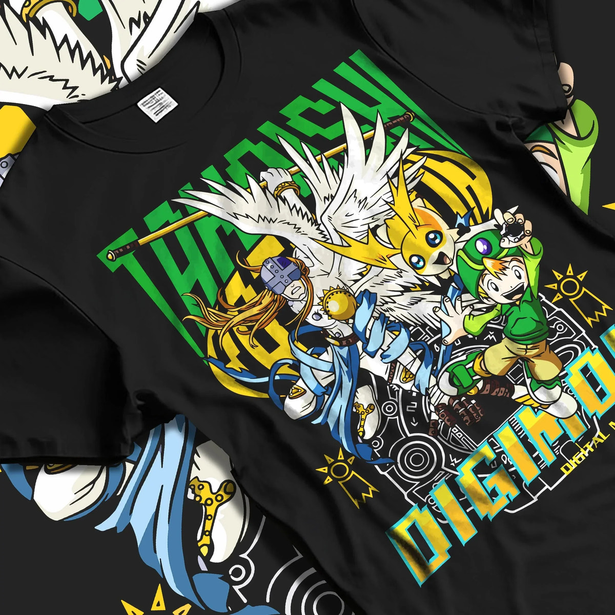 Black T-shirt laid flat with natural folds with Digimon Hoodie Patamon Evolution Retro Anime Poster graphic bold anime graphic.