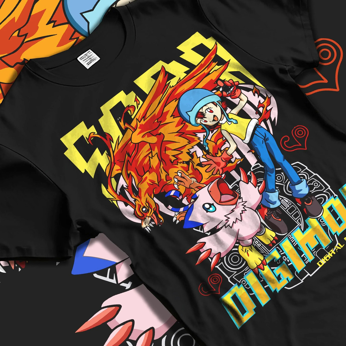 Black T-shirt laid flat with natural folds with Digimon Hoodie Sora with Biyomon Retro Partner Print graphic bold anime graphic.