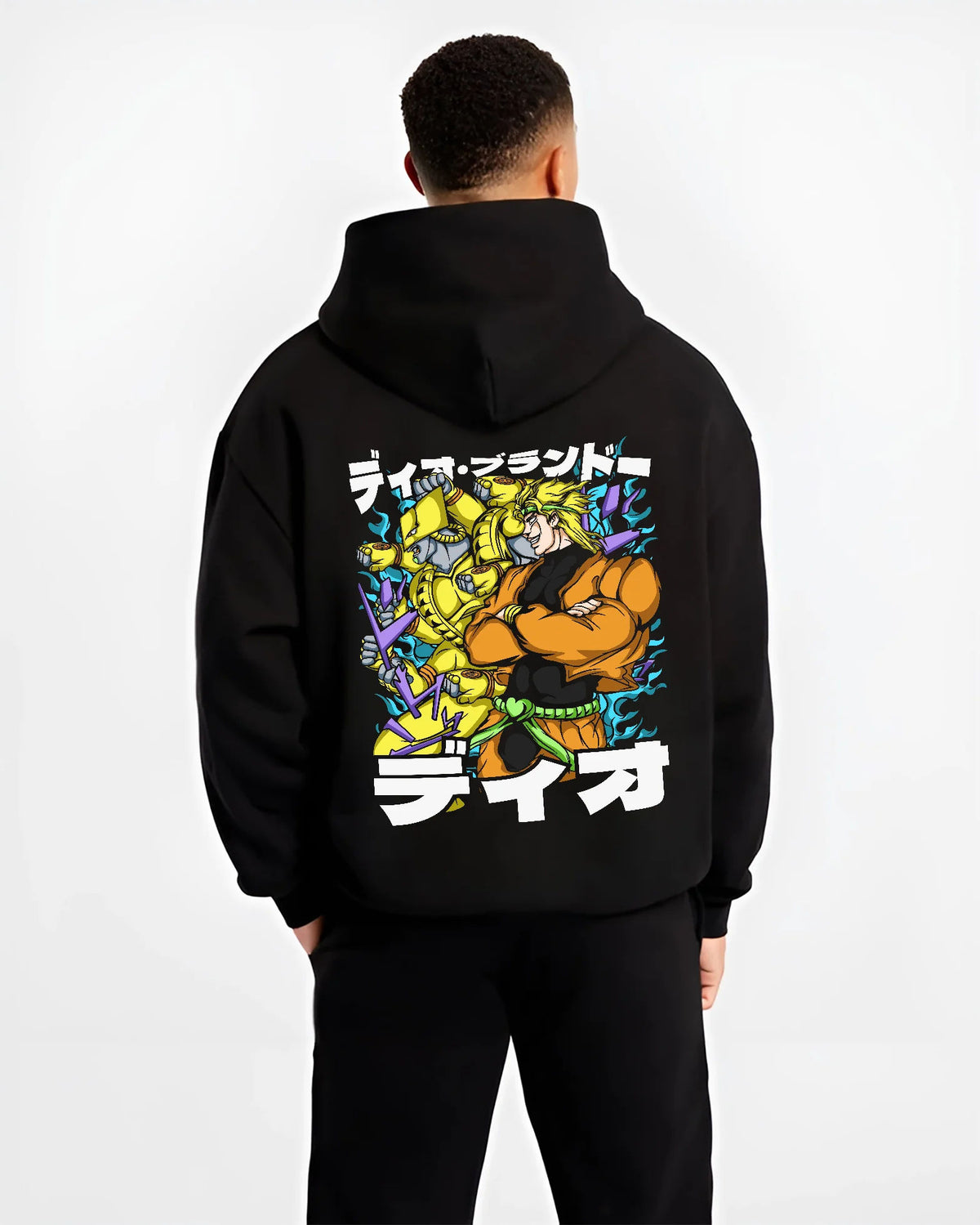 Black hoodie model back view showing Dio Brando with Jotaro Kujo from JoJo’s Bizarre Adventure: JoJo Stardust Crusaders